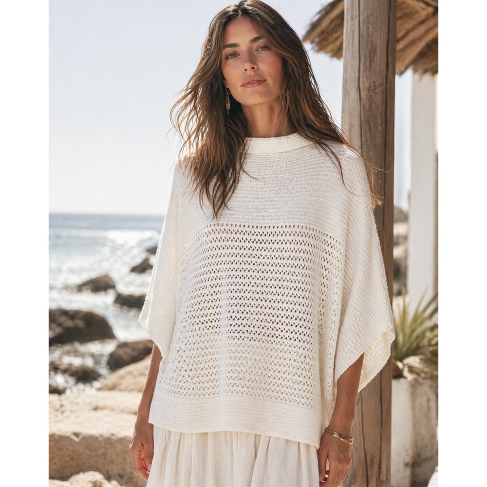 Chicos Open Knit Mock‎ Neck Dolman Sleeve Poncho Sweater 3 XL Cream Ivory Wool